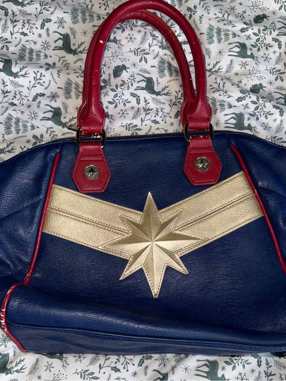 Loungefly Marvel Navy Satchel with Gold Star and Red Trim